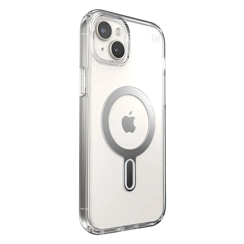 Speck Presidio Perfect-Clear ClickLock & MagSafe - dėklas iPhone 15 Plus / iPhone 14 Plus (skaidrus / chromuota apdaila / Serene Silver)