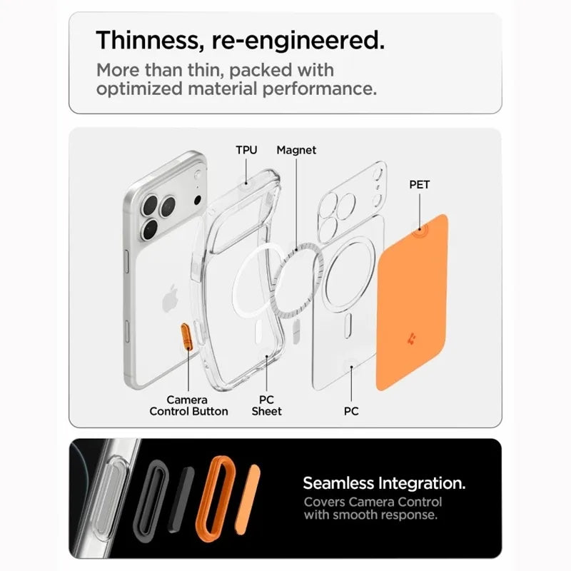„Spigen Ultra Hybrid T Mag MagSafe“ – dėklas, skirtas „iPhone 18 Pro“ / „17 Pro“ (blizgus oranžinis)