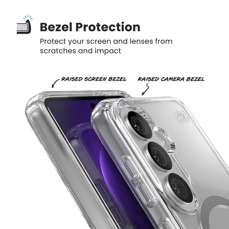 Speck Presidio Perfect-Clear Magnet – Samsung Galaxy S26 MagSafe dėklas (skaidrus/sidabrinis)