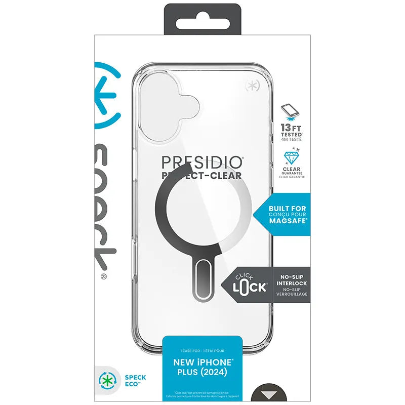 Speck Presidio Perfect-Clear ClickLock & MagSafe – iPhone 16 Plus dėklas (skaidrus / chromuota apdaila / Serene Silver)