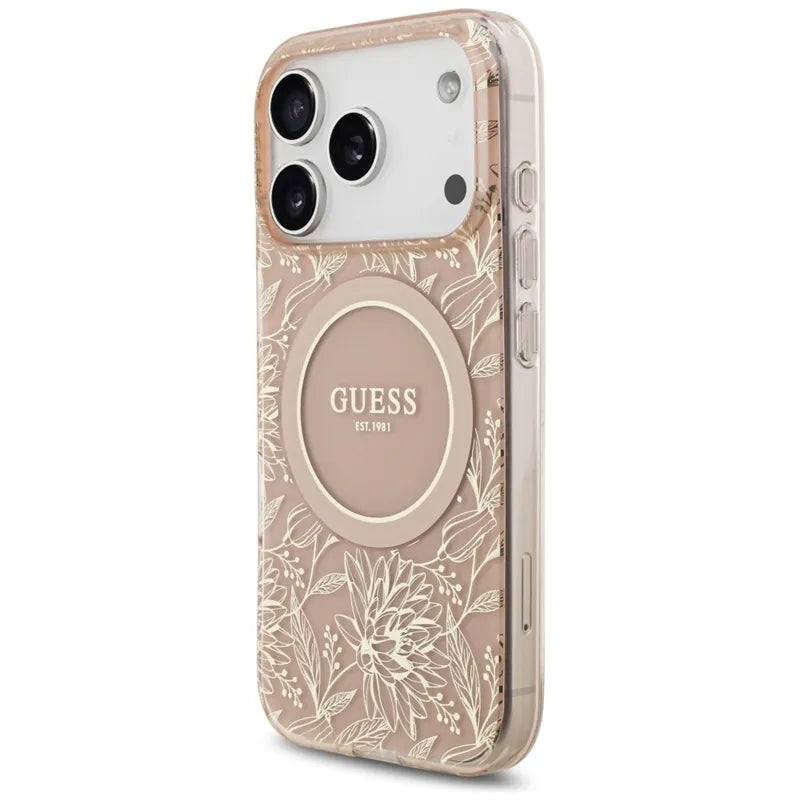 Guess IML Flowers Electro Pearl Strap MagSafe – dėklas iPhone 17 Pro (rožinis)