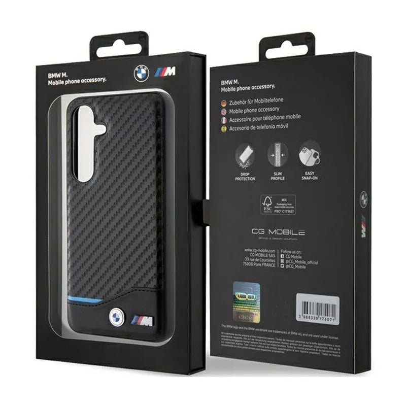 BMW Leather Carbon Blue Line – dėklas Samsung Galaxy S24 (juodas)