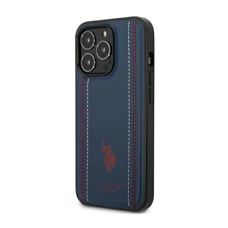 US Polo Assn Leather Stitch – dėklas iPhone 14 Pro (tamsiai mėlynas)