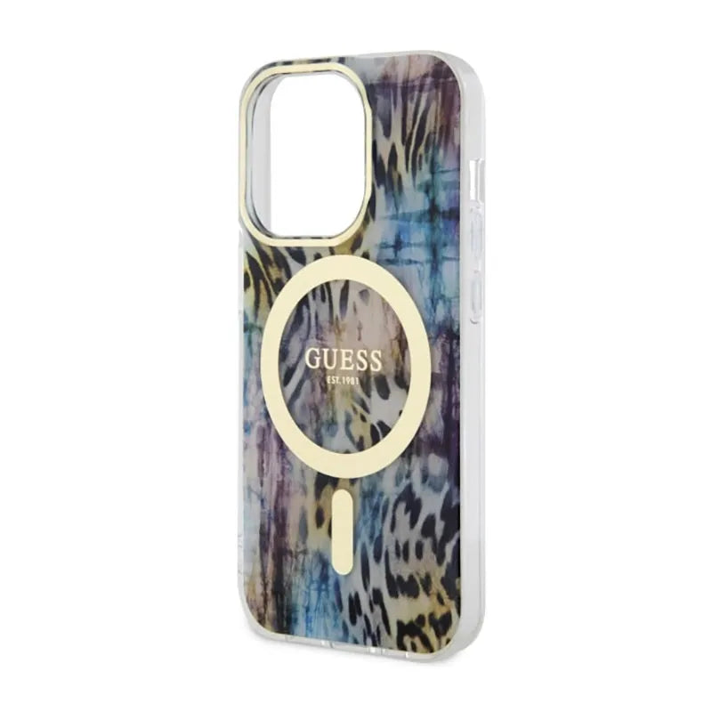 Guess Leopard MagSafe – dėklas iPhone 14 Pro (mėlynas)