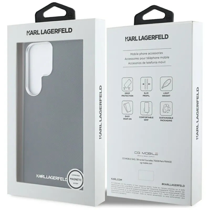 Karl Lagerfeld Saffiano Full Wrapped Elongated Metal Logo MagSafe dėklas Samsung Galaxy S25 Ultra telefonui (juodas)