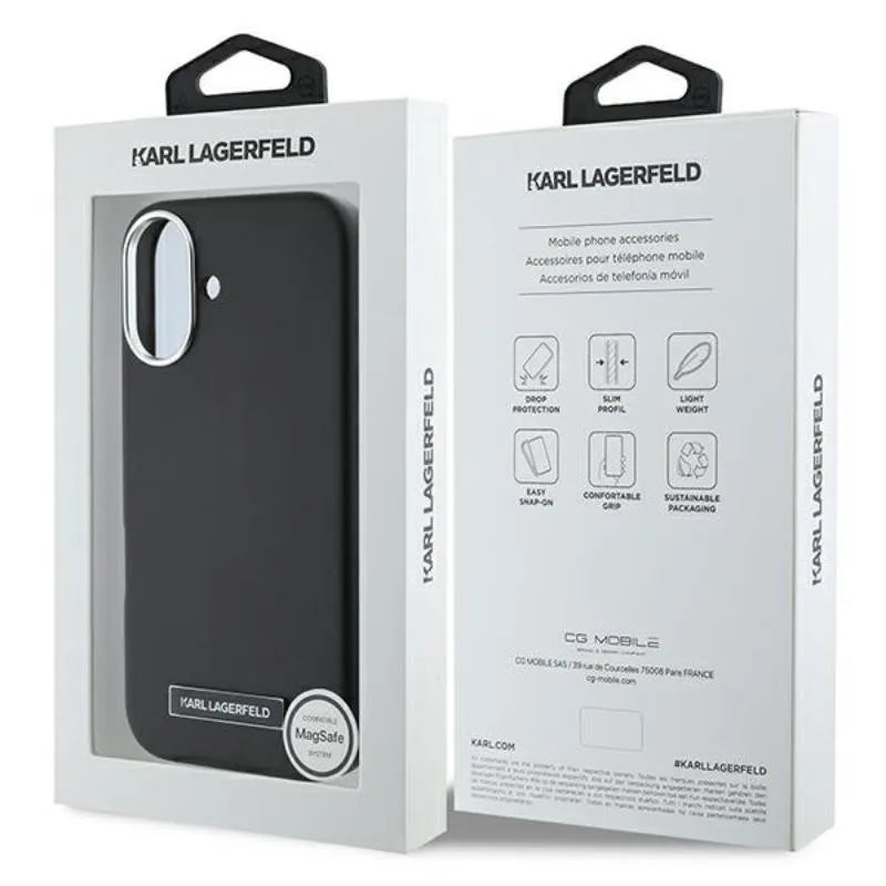 Karl Lagerfeld FW Metal Plate MagSafe – dėklas iPhone 16 Plus (juodas)