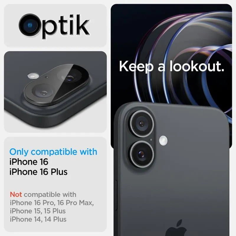 Spigen Optik GLAS.TR Camera Protector 2-Pack - objektyvo apsauga, skirta iPhone 16 / 16 Plus (2 vnt.) (Juoda)