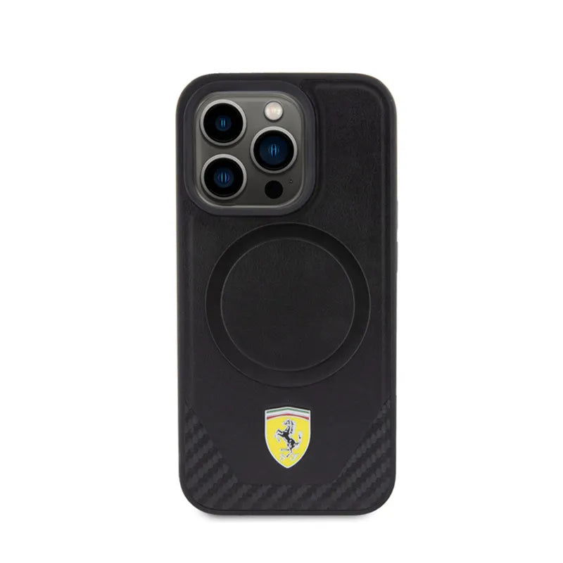 Ferrari Carbon Metal Logo MagSafe – dėklas iPhone 15 Pro (juodas)