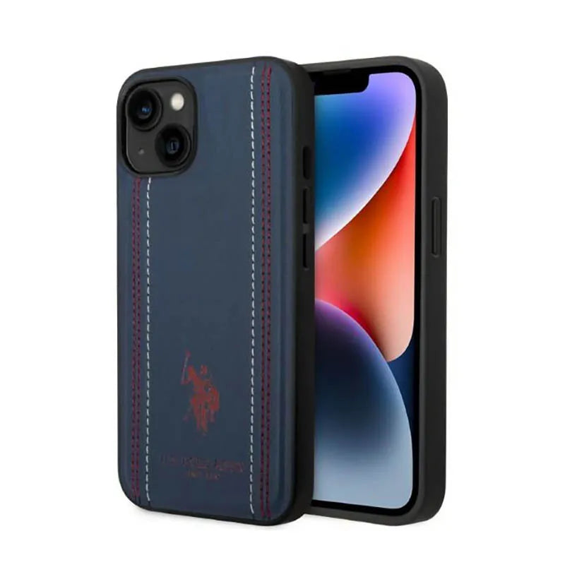 US Polo Assn Leather Stitch – dėklas iPhone 14 (tamsiai mėlynas)