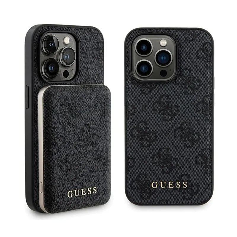 „Guess“ rinkinys „MagSafe 4G Metal Gold Logo“ – dėklo komplektas + 5000mAh „MagSafe“ „power bank“ „iPhone 14 Pro Max“ (juodas)
