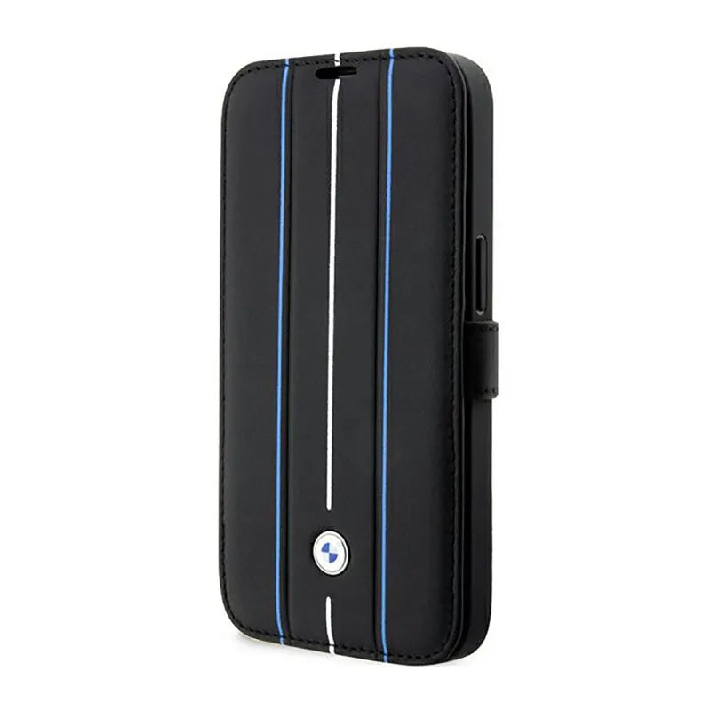 BMW Booktype Leather Stamp Blue Lines dėklas, skirtas iPhone 14 Pro (juodas)