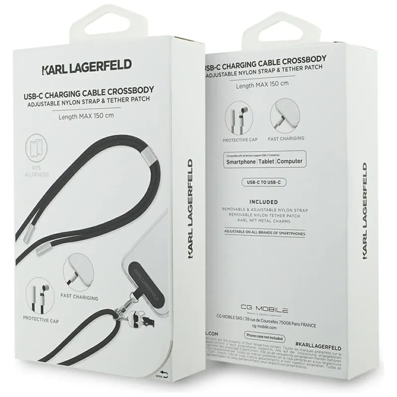 Karl Lagerfeld Crossbody Strap Ikonik Charm – universalus telefono dirželis / USB-C į USB-C laidas 1,5 m (juodas)