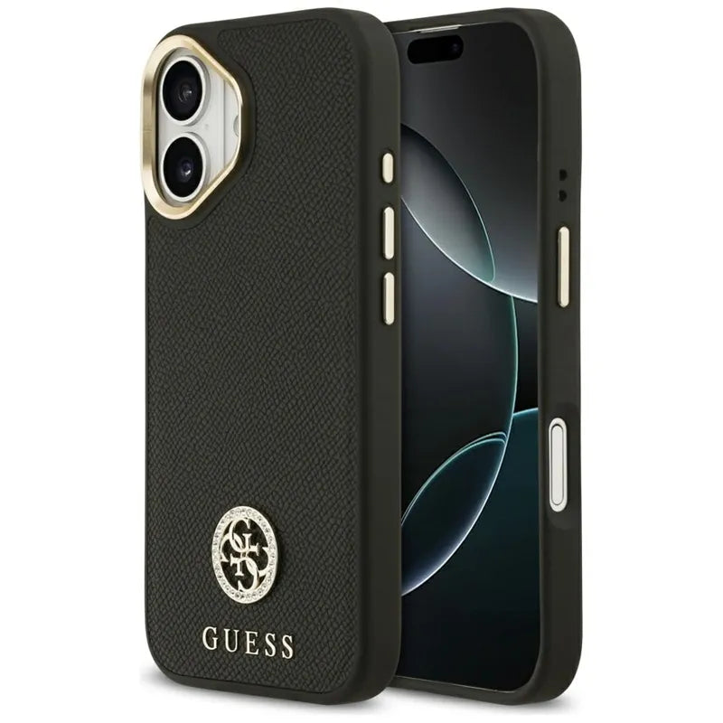 Guess Grained Strass Logo MagSafe – dėklas iPhone 17 (juodas)