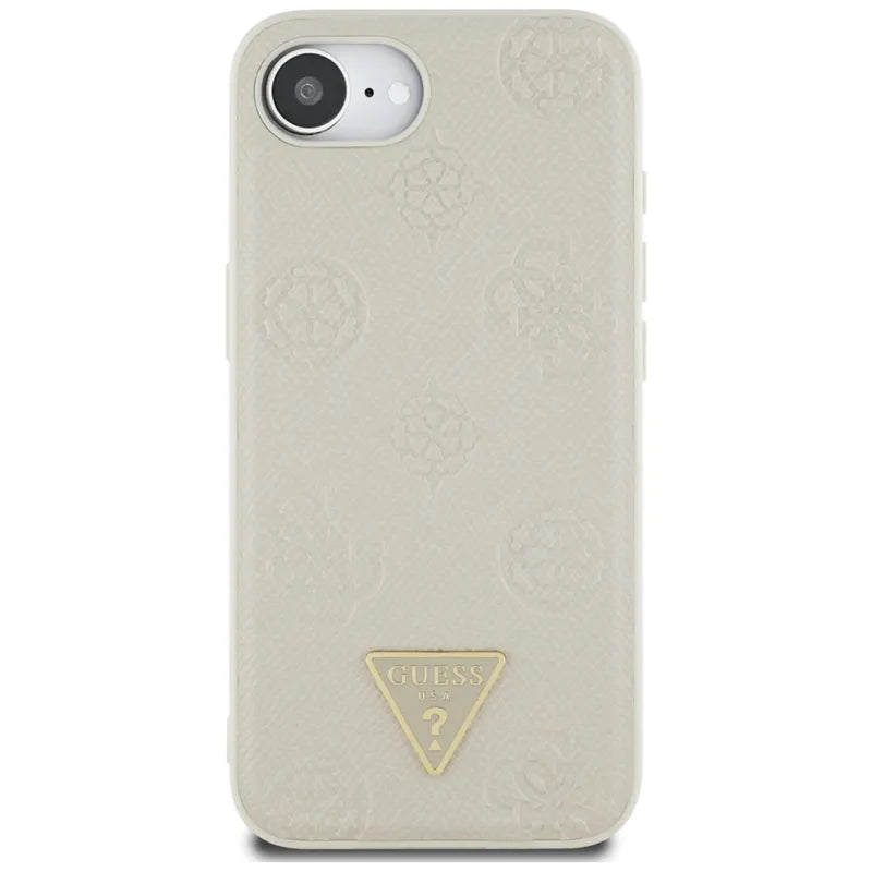 Guess Grained Hot Stamp Peony Triangle Logo MagSafe – dėklas iPhone 16e (smėlio spalvos)