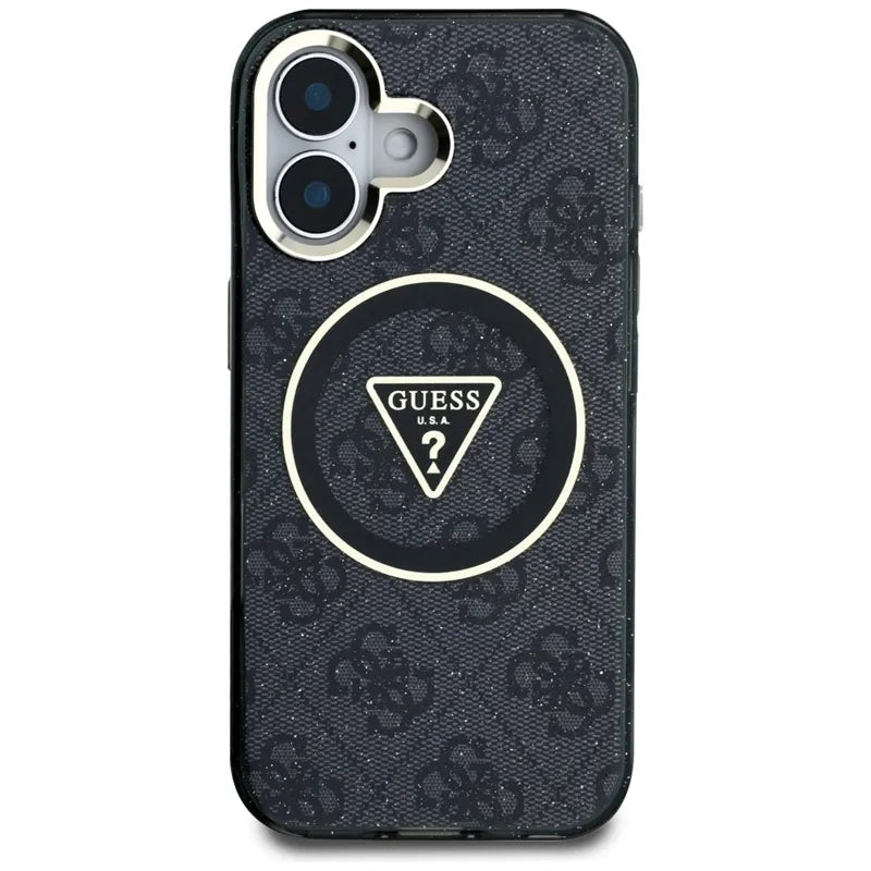 Guess IML Metal Glitter 4G Circle Triangle MagSafe – dėklas iPhone 16 (juodas)