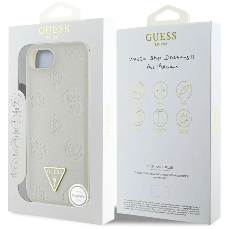 Guess Grained Hot Stamp Peony Triangle Logo MagSafe – dėklas iPhone 16e (smėlio spalvos)