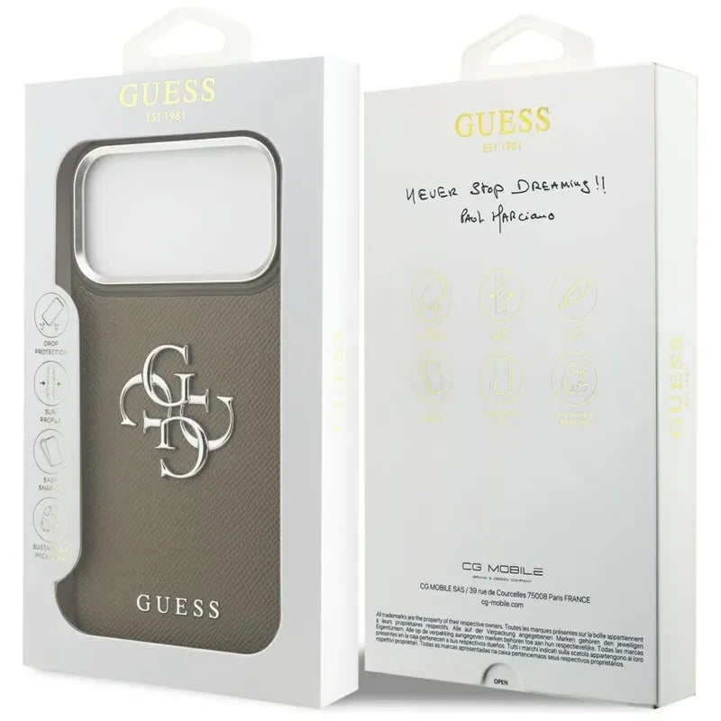 Guess Grained Big 4G Classic Logo – dėklas, skirtas iPhone 17 Pro Max (rudas)