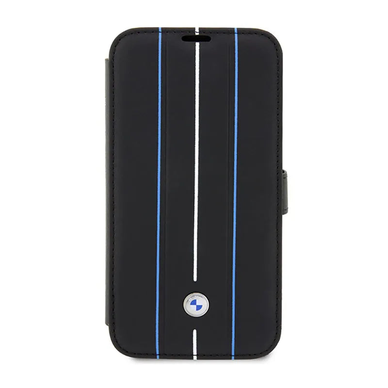 BMW Booktype Leather Stamp Blue Lines dėklas, skirtas iPhone 14 Pro (juodas)