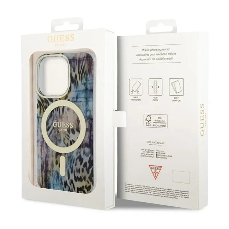 Guess Leopard MagSafe – dėklas iPhone 14 Pro (mėlynas)