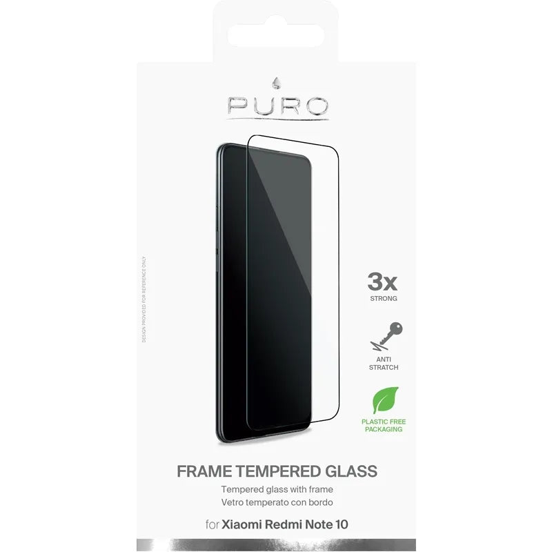 PURO rėmelio grūdintas stiklas – Xiaomi Redmi Note 10 apsauginis grūdintas stiklas (juodas rėmelis)