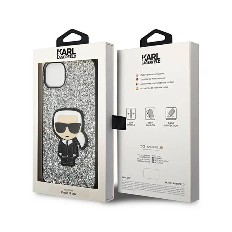 Karl Lagerfeld Glitter Flakes Ikonik – dėklas, skirtas iPhone 14 Plus (sidabrinis)