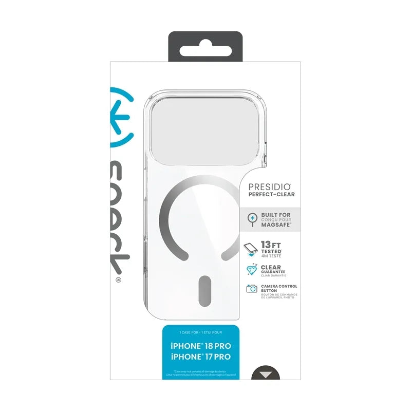 Speck Presidio Perfect Clear MagSafe – dėklas, skirtas iPhone 18 Pro / 17 Pro (skaidrus)