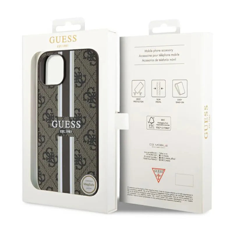 Guess 4G Printed Stripes MagSafe – Dėklas, skirtas iPhone 14 Plus (rudas)