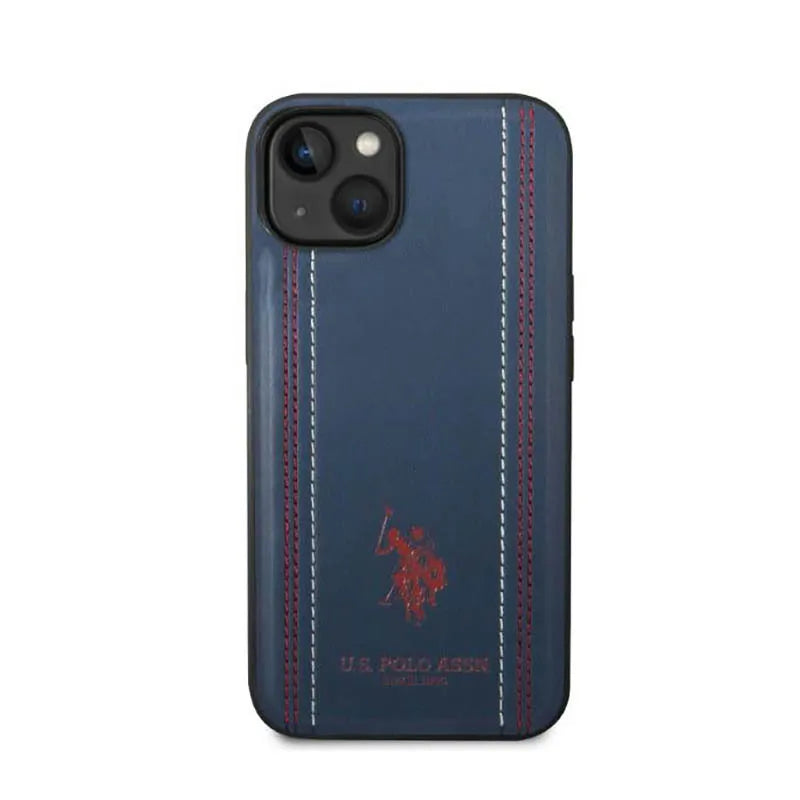US Polo Assn Leather Stitch – dėklas iPhone 14 (tamsiai mėlynas)