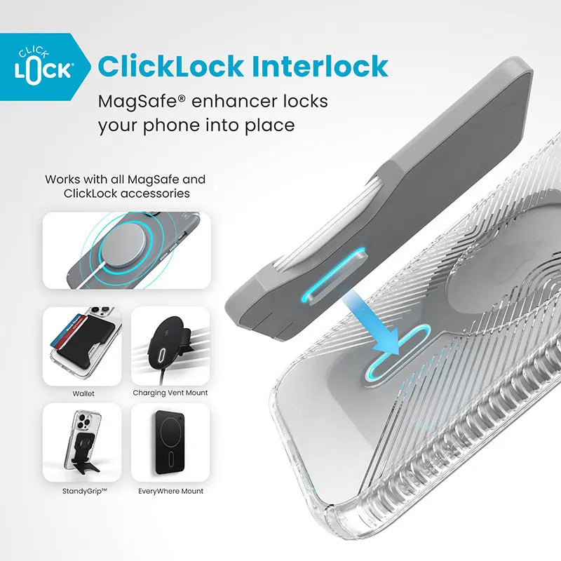 Speck Presidio Perfect-Clear Grip ClickLock & MagSafe – dėklas iPhone 16 Plus (skaidrus / chromuota apdaila / Serene Silver)