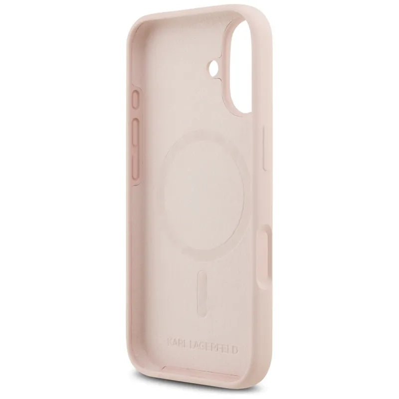 Karl Lagerfeld Silicone Karl & Choupette Ring MagSafe – dėklas iPhone 17 (rožinis)