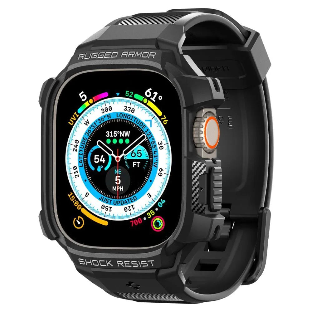 Spigen Rugged Armor Pro dėklas – dirželis su dėklu „Apple Watch Ultra“ 49 mm (juodas)