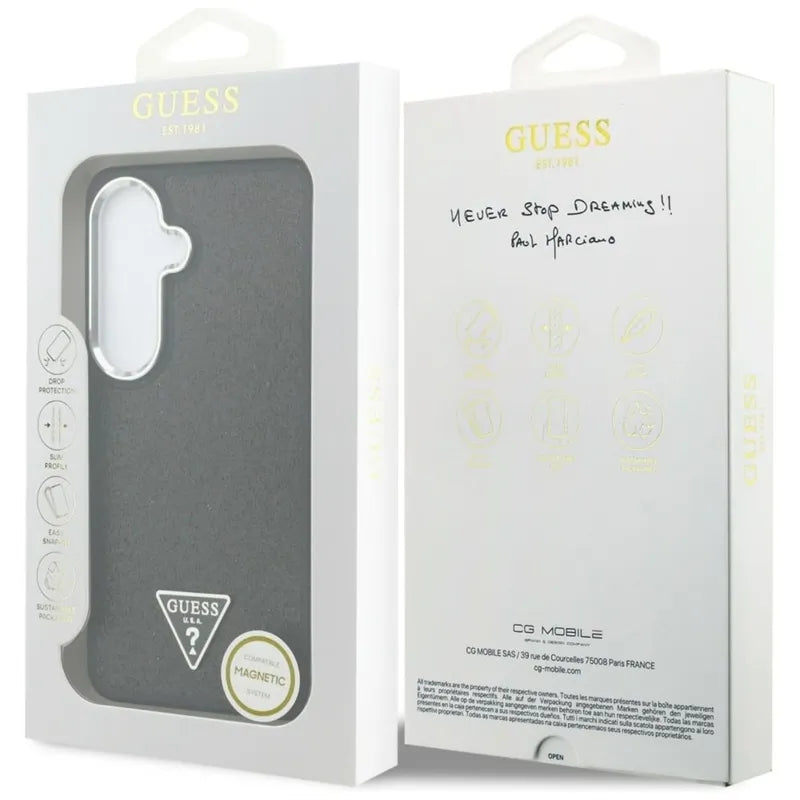 Guess Fixed Glitter Triangle MagSafe – Samsung Galaxy S26 dėklas (juodas)