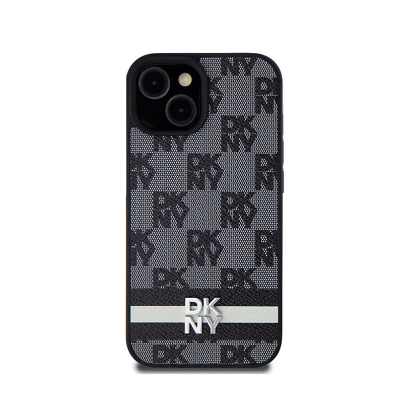 DKNY „Leather Checkered Mono Pattern & Printed Stripes“ – dėklas „iPhone 15 / 14 / 13“ (juodas)