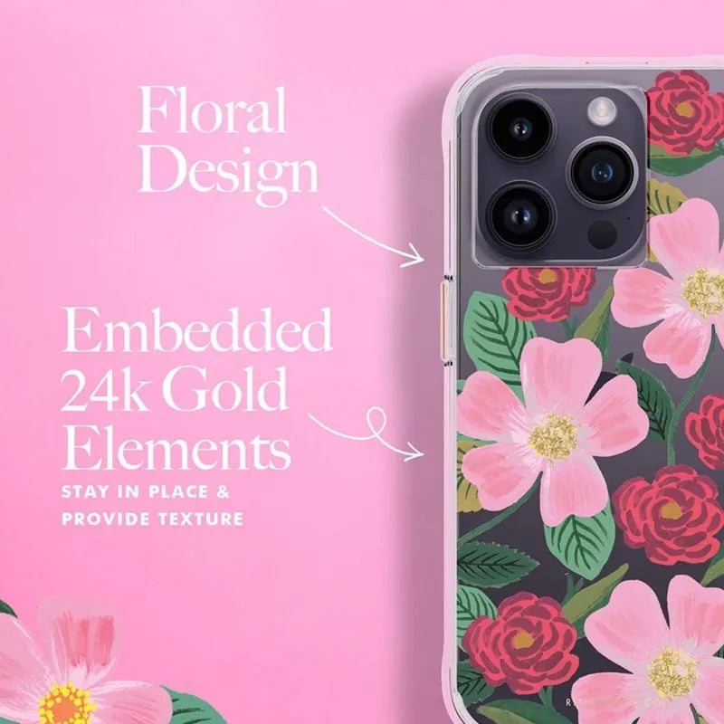 „Rifle Paper Clear“ – auksu dekoruotas dėklas „iPhone 14 Pro“ (Rose Garden)