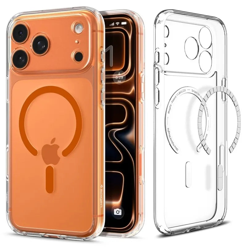 Spigen Ultra Hybrid Mag MagSafe – dėklas iPhone 17 Pro (skaidrus/oranžinis)