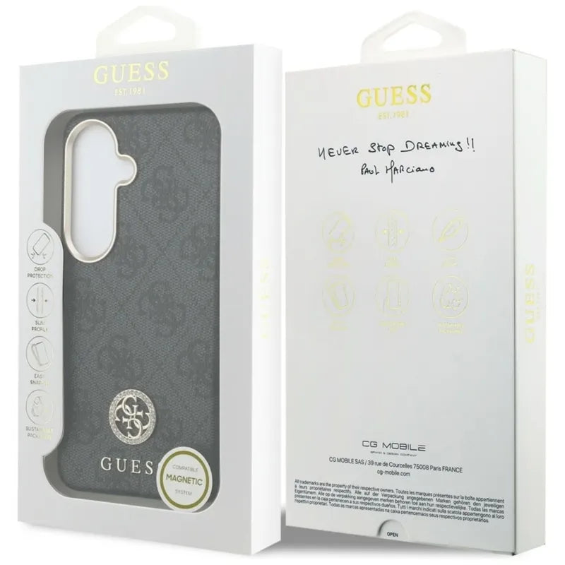 Guess 4G Rhinestone Round Logo MagSafe – Samsung Galaxy S26 dėklas (juodas)
