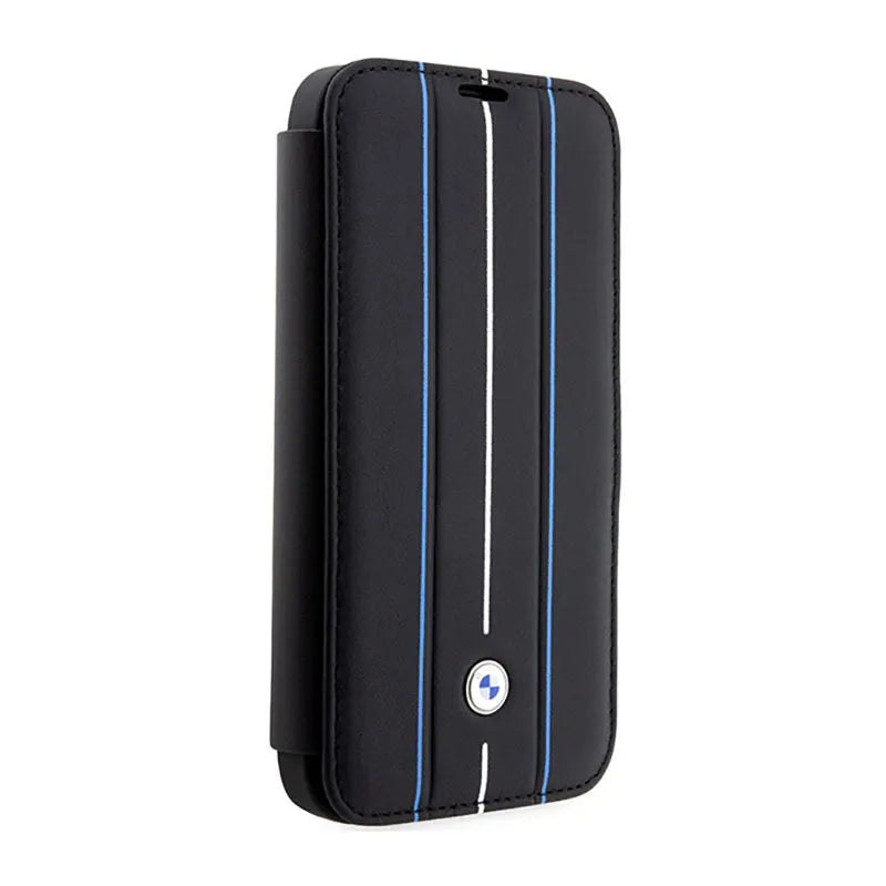 BMW Booktype Leather Stamp Blue Lines dėklas, skirtas iPhone 14 Pro (juodas)