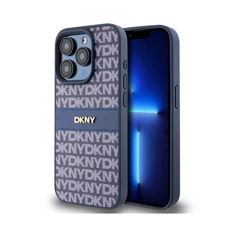 DKNY Leather Mono Stripe & Metal Logo – dėklas iPhone 15 Pro (mėlynas)