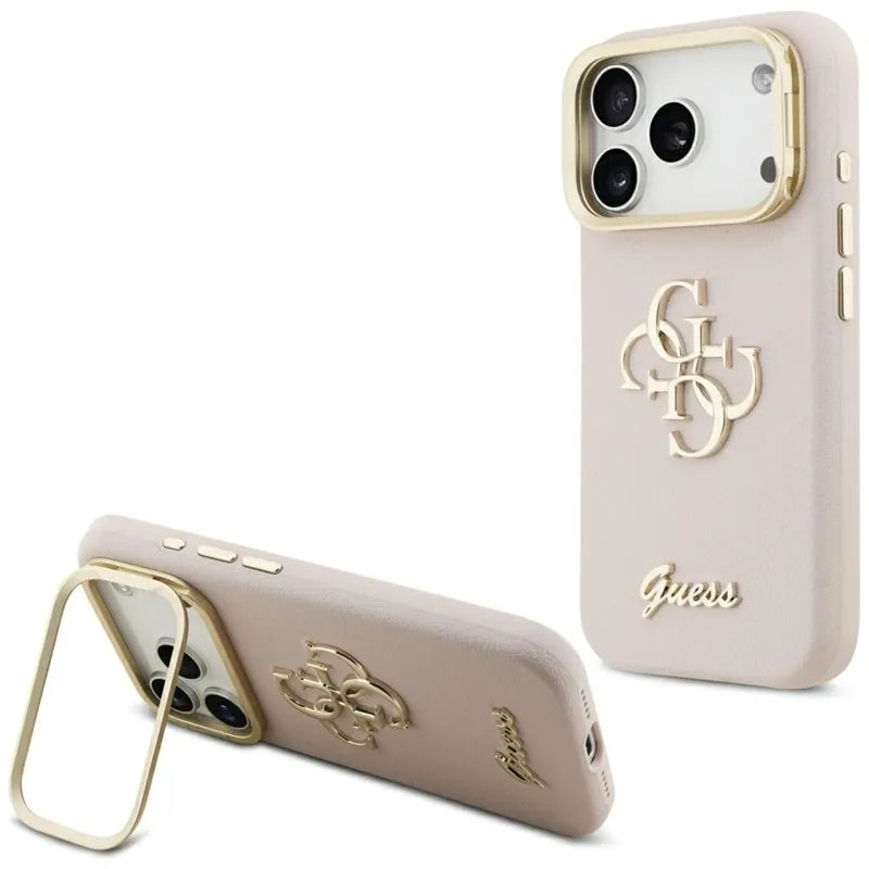 Guess Grained Big 4G & Stand Camera – dėklas iPhone 17 Pro (rožinis)