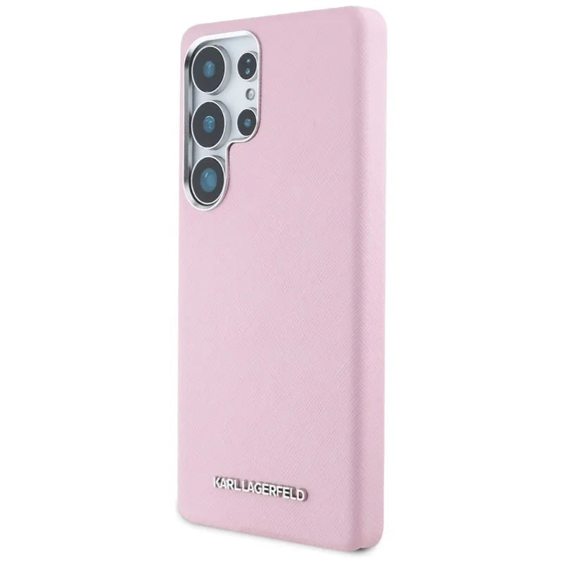 Karl Lagerfeld Saffiano Full Wrapped Elongated Metal Logo MagSafe – dėklas Samsung Galaxy S25 Ultra telefonui (rožinis)