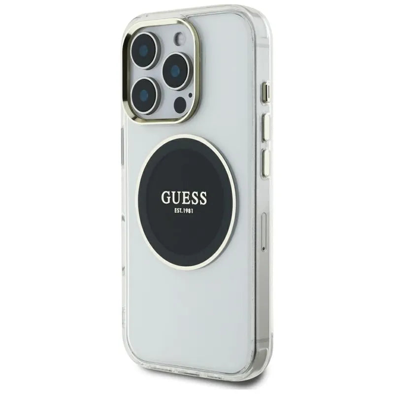 Guess IML Metal Colored Circle Classic Logo MagSafe – dėklas, skirtas iPhone 16 Pro Max (juodas)
