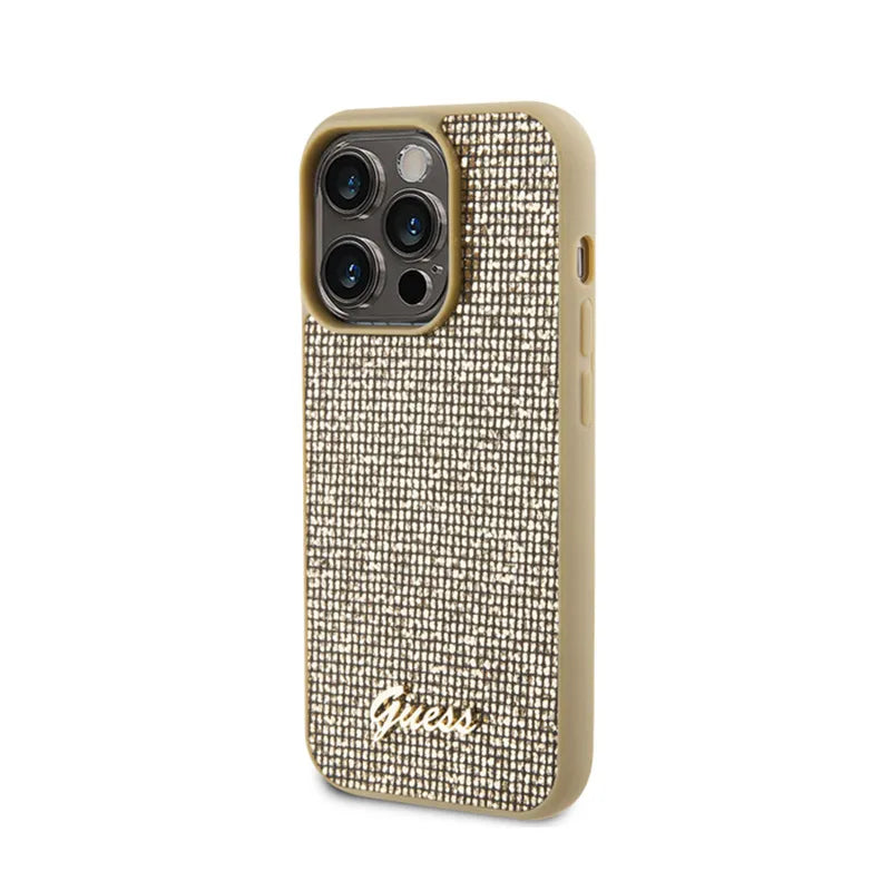 Guess Disco Metal Script – dėklas „iPhone 15 Pro“ (auksinis)