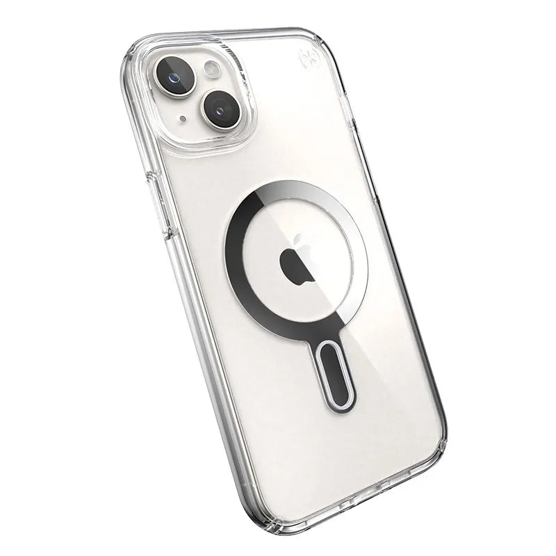 Speck Presidio Perfect-Clear ClickLock & MagSafe - dėklas iPhone 15 Plus / iPhone 14 Plus (skaidrus / chromuota apdaila / Serene Silver)