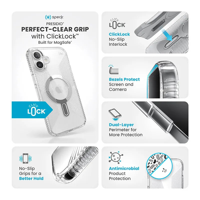 Speck Presidio Perfect-Clear Grip ClickLock & MagSafe – dėklas iPhone 16 Plus (skaidrus / chromuota apdaila / Serene Silver)