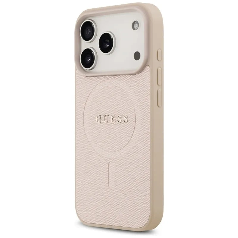 „Guess Saffiano Classic Logo MagSafe“ – dėklas „iPhone 17 Pro“ (rožinis)