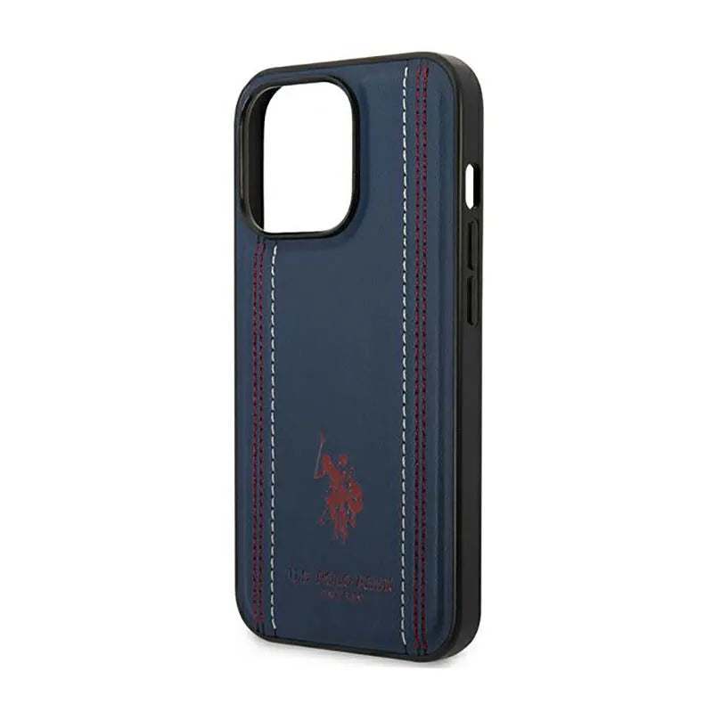US Polo Assn Leather Stitch – dėklas iPhone 14 Pro (tamsiai mėlynas)