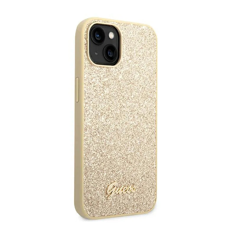 Guess Glitter Flakes Metal Logo dėklas – Dėklas skirtas iPhone 14 Plus (auksinis)