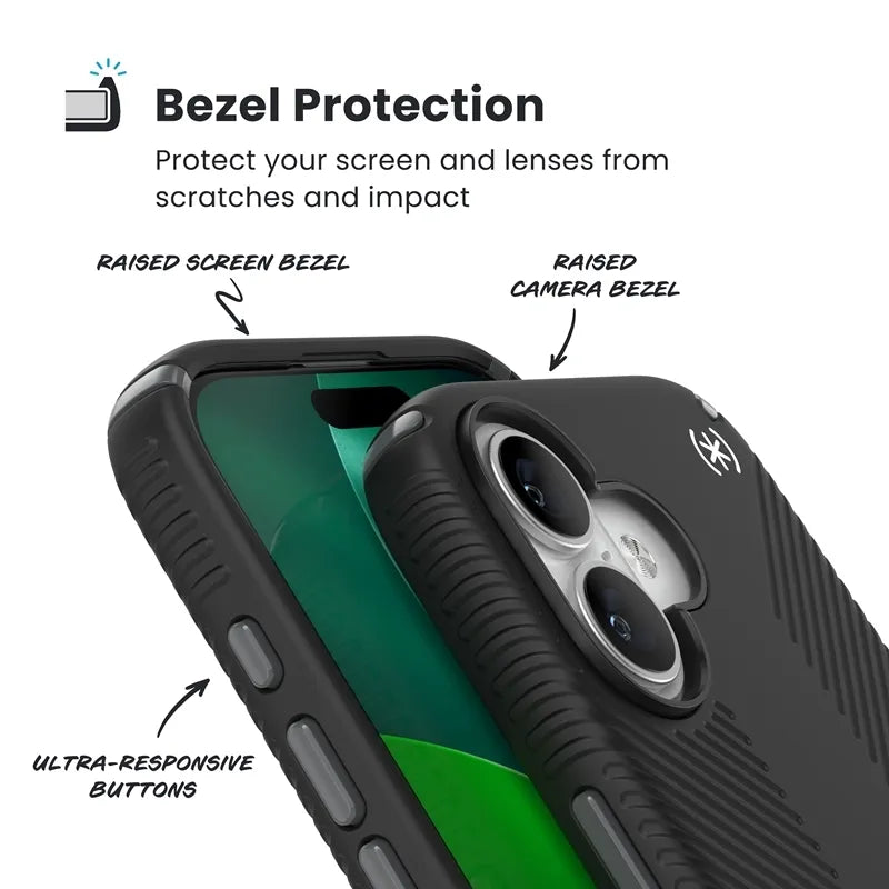 Speck Presidio2 Grip ClickLock & MagSafe – iPhone 17 dėklas (juodas / pilkas / baltas)