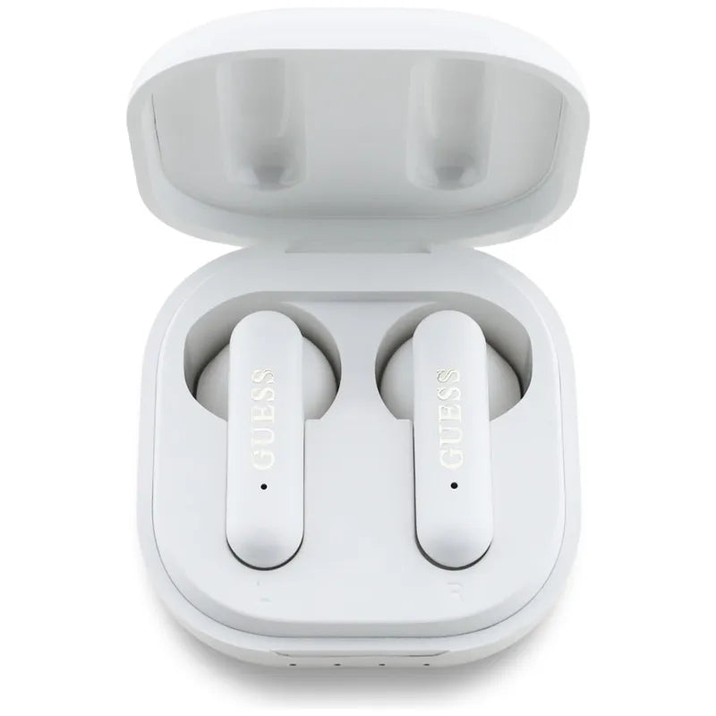 Guess 4G Metal Logo – TWS Bluetooth ausinės + įkrovimo dėklas (baltos)