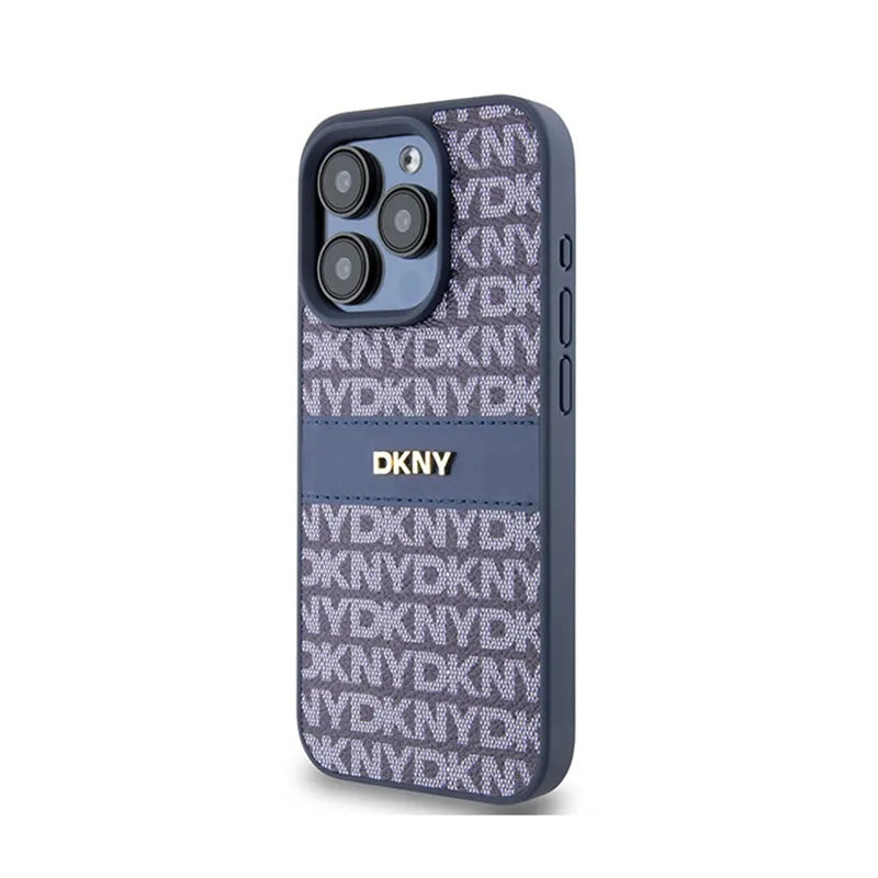 DKNY Leather Mono Stripe & Metal Logo – dėklas iPhone 15 Pro (mėlynas)
